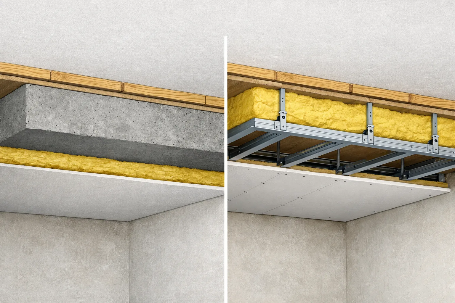 Coupe comparative d’un plafond plein et d’un plafond constitué d’un parement sur ossature.