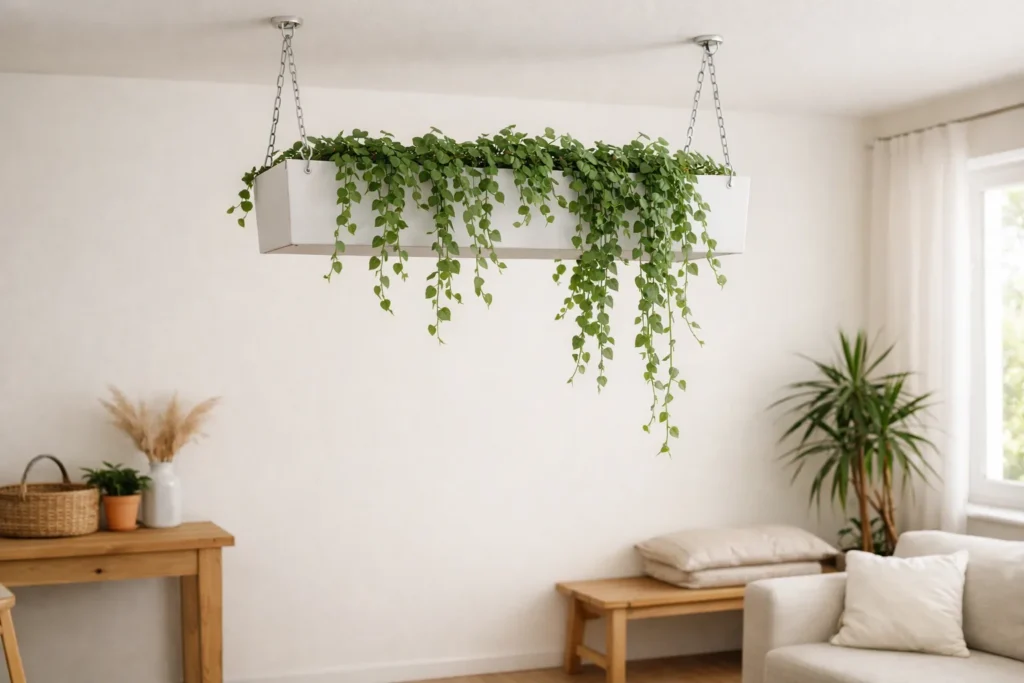 Jardinière avec plante retombante suspendue près du plafond d’une pièce lumineuse.