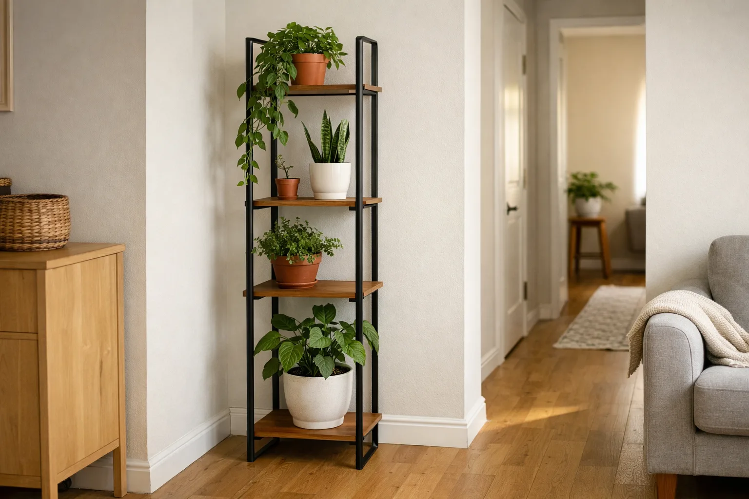 Une structure étroite avec des plantes en pots occupe un coin de pièce sans bloquer le passage.