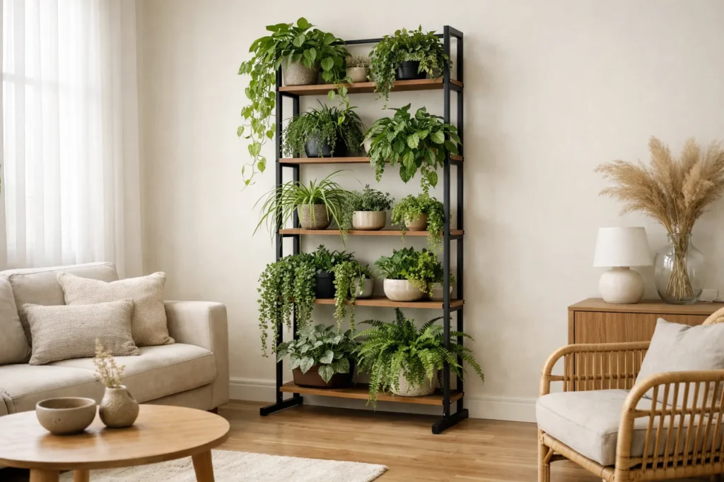 Des plantes en pots installées sur une structure verticale posée contre le mur d’un salon lumineux.