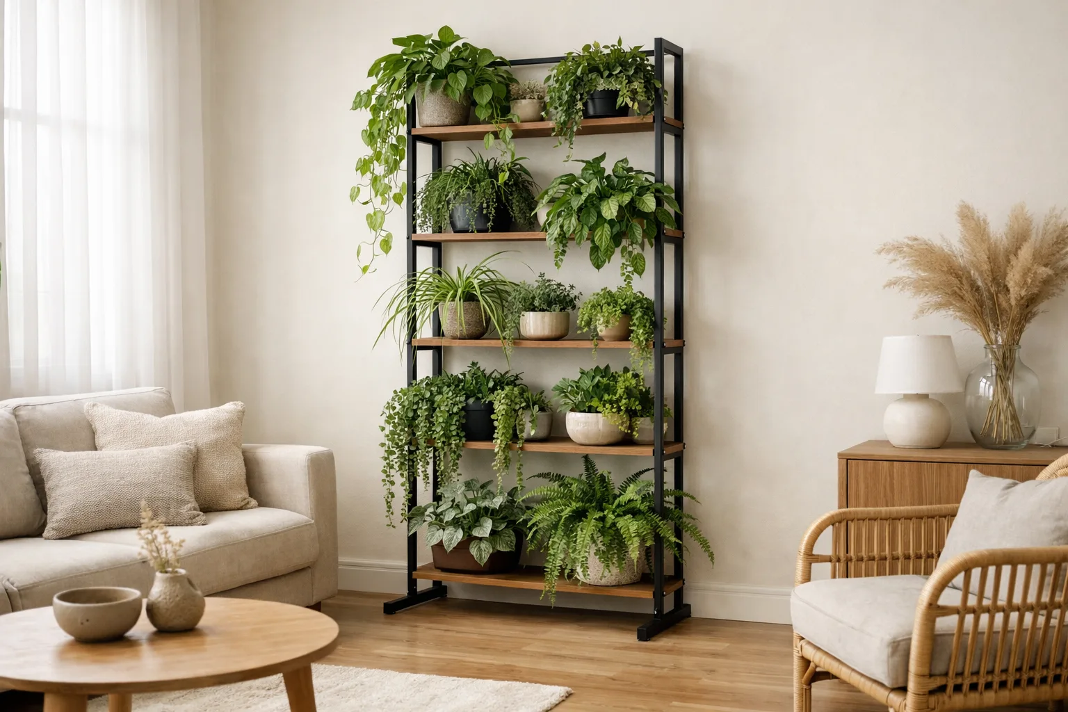 Des plantes en pots installées sur une structure verticale posée contre le mur d’un salon lumineux.