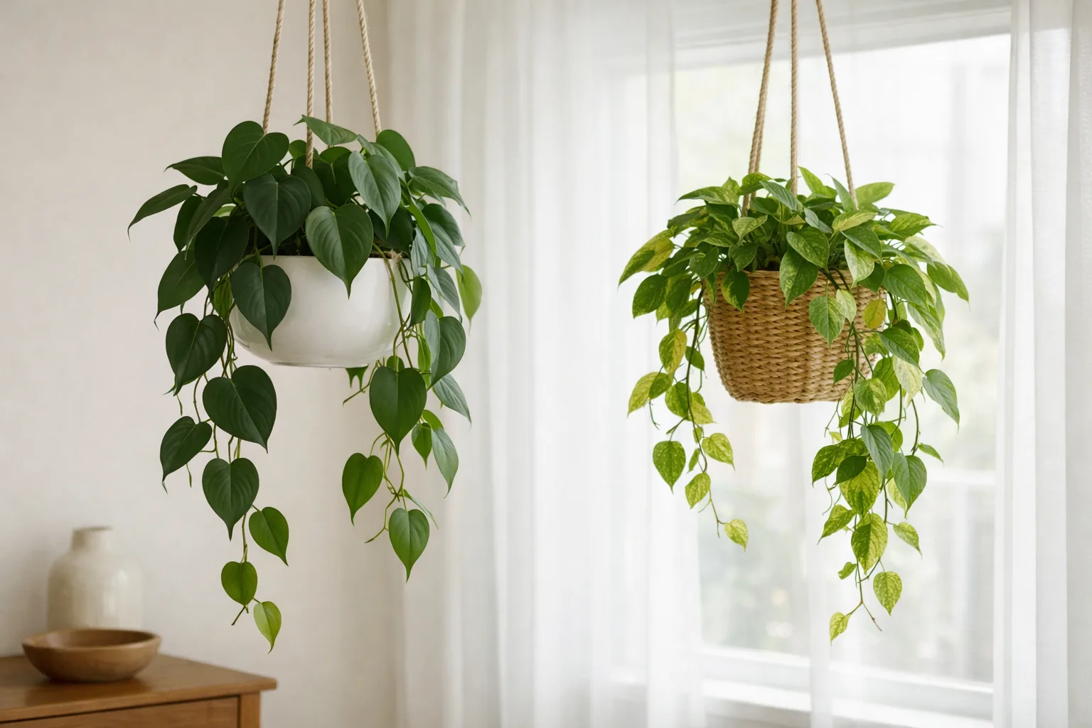 Un pothos et un philodendron à feuilles en cœur retombent dans une pièce éclairée par une fenêtre voilée.