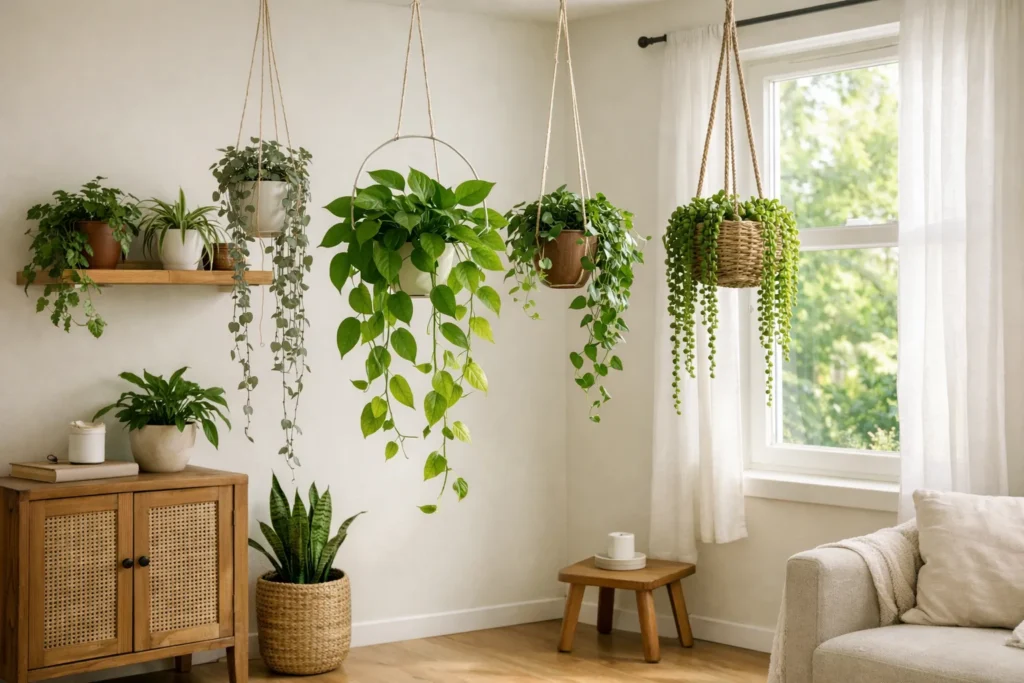 Un pothos retombe d’une étagère près d’une fenêtre lumineuse, tandis qu’un hoya est suspendu à proximité.