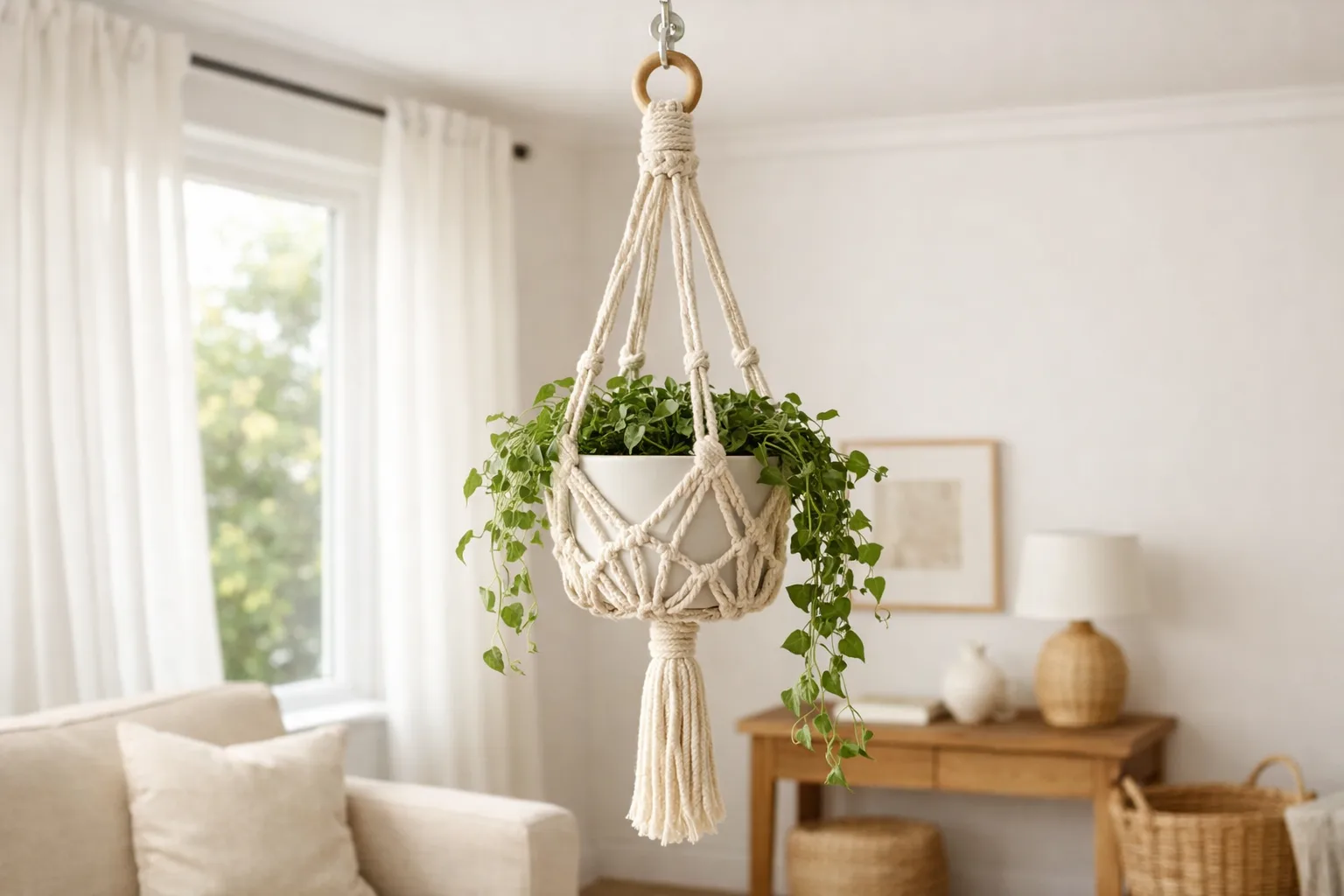 Une suspension en macramé écru porte un pot avec une plante retombante près d’une fenêtre.